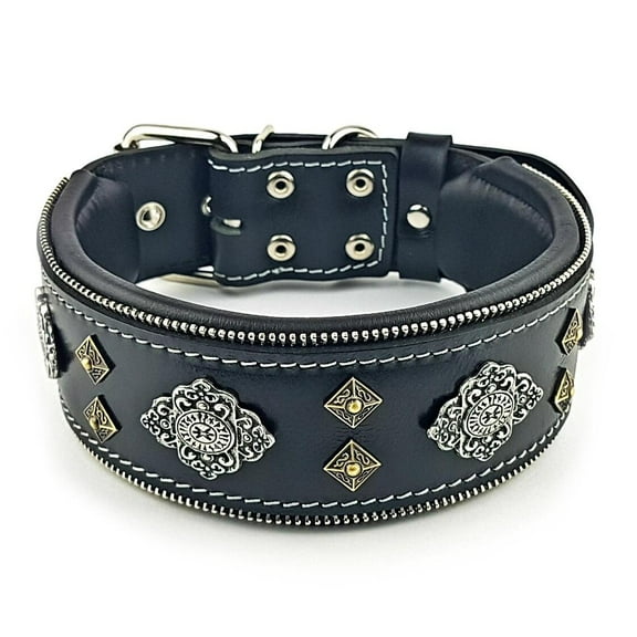 The Bestia "Aztec" Black Leather Dog Collar for Large Dog Breeds