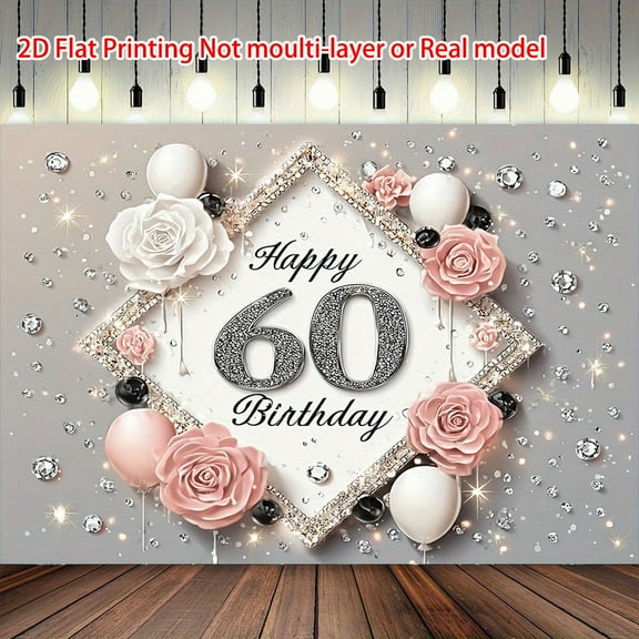 Elegant 60th Birthday Backdrop Silver Glitter Diamond Happy 60th Birthday Photography Background Pink White Rose Balloons 60 Years Old Birthday Party Decorations Banner Supplies Photo Booth Props