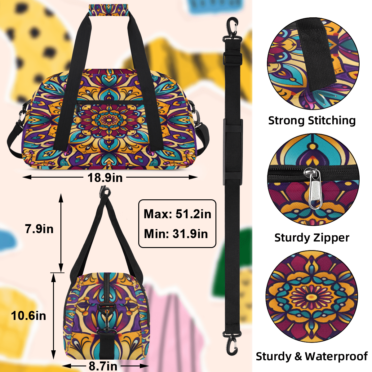 Herdesigns Sports Duffle Bags Travel Duffle Bag Gym Bag Floral Mandala Weekender Travel Bag Waterproof Overnight Bag Carry On Travel Tote Bag Dance Bags