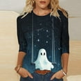 thumbnail image 1 of VKOYWKM T-Shirts à Manches 3/4 pour Femmes T-Shirts d'Halloween T-Shirts Mignons avec Fantôme Hauts d'Halloween Automne Col Rond Ample Blouse Effrayante, 1 of 5
