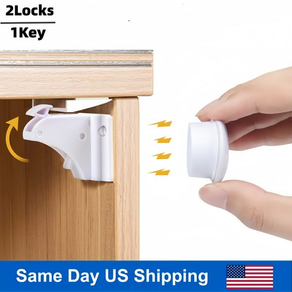 Baby Proofing Kit: 2 Magnetic Cabinet Locks with 1 Key, No Drill Child Safety Latches for Kitchen Cabinets, Drawers, and Doors