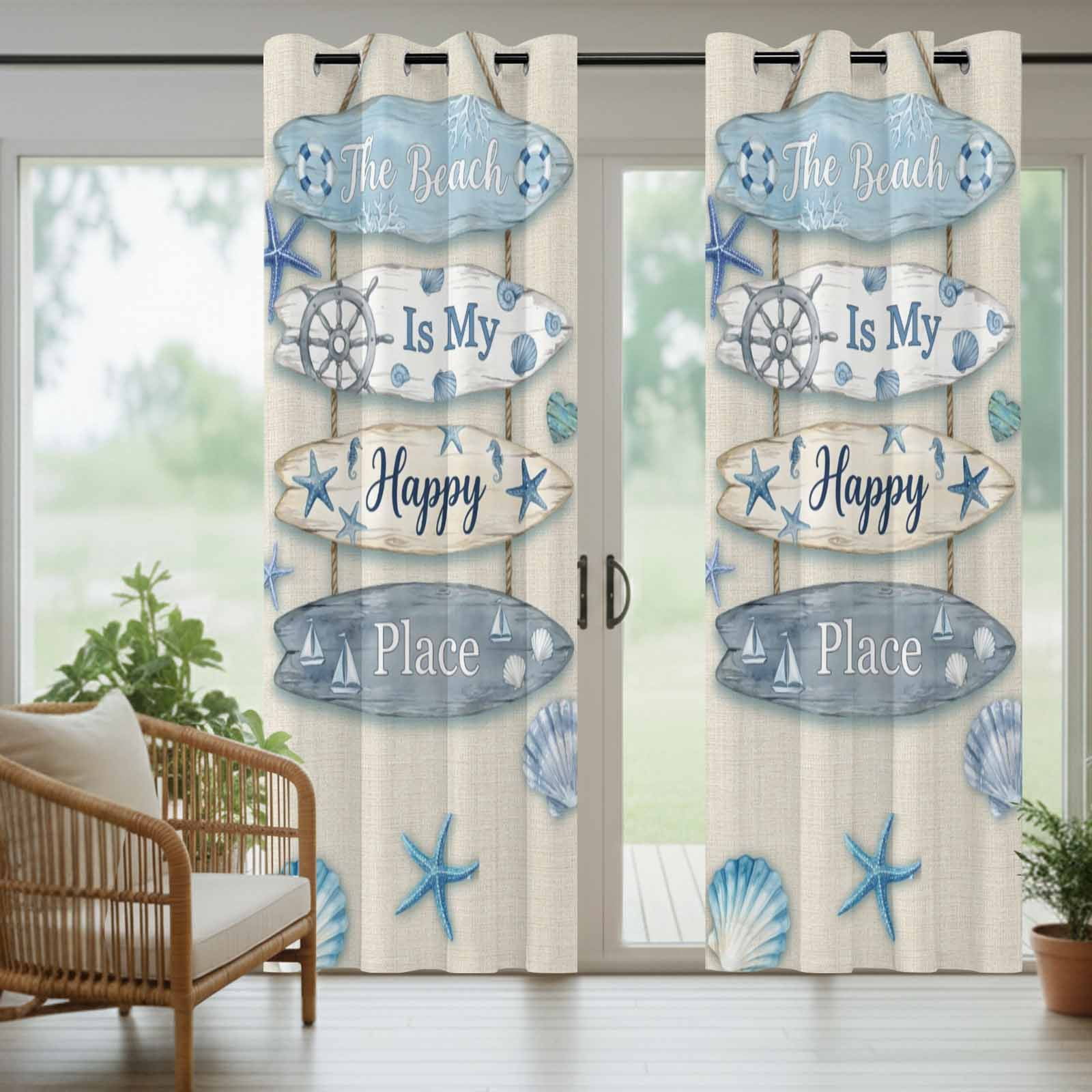 The Beach Is My Happy Place Outdoor Curtains for Patio, Summer Ocean Blue Starfish Shell Seahorse Linen Sunshade Privacy Drapes Grommet Waterproof Outside Curtains for Porch Balcony 54"x108", 1 Panel