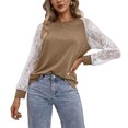 thumbnail image 4 of Blusa de encaje Mujer Mujer Manga larga Cuello redondo Casual Camiseta holgada Manga de encaje Top Caqui XL, 4 of 8