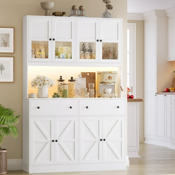 Homfa 71'' Kitchen Pantry Cabinet with LED Lights & Charging Station, Freestanding Kitchen Cupboard with Storage Drawer& Microwave Stand, Hutch Cabinet for Dining Living Room, White