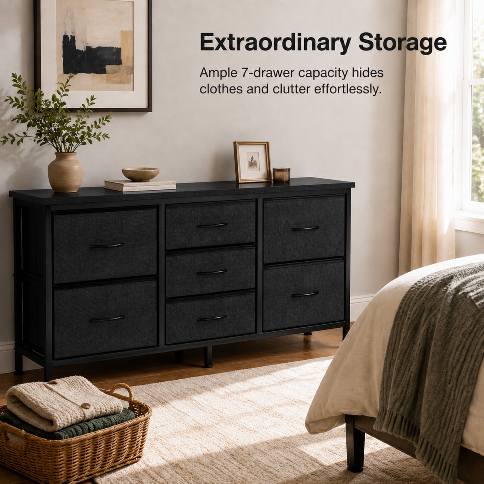 Alvantor 7 Drawer Fabric Dresser, Clothes Organizer Storage Tower for Bedroom, Chest of Drawers with Wooden Top, Metal Frame for Bedroom TV Stand