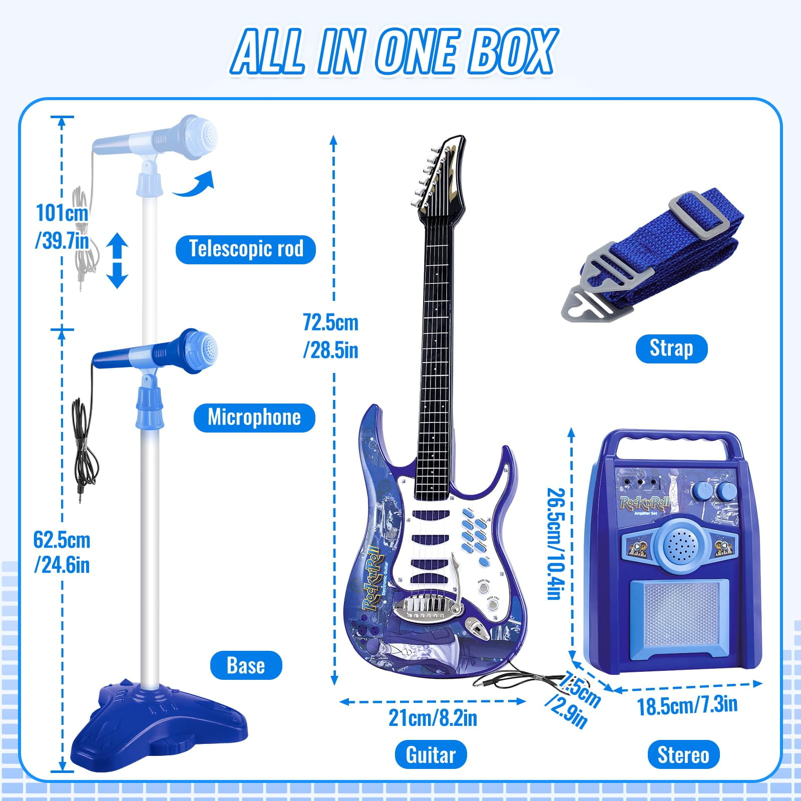 iMeshbean Kids Electric Guitar Beginner Musical Guitar Play Set w/ 6 Demo Songs, Amplifier, Microphone, Whammy Bar, AUX- Blue