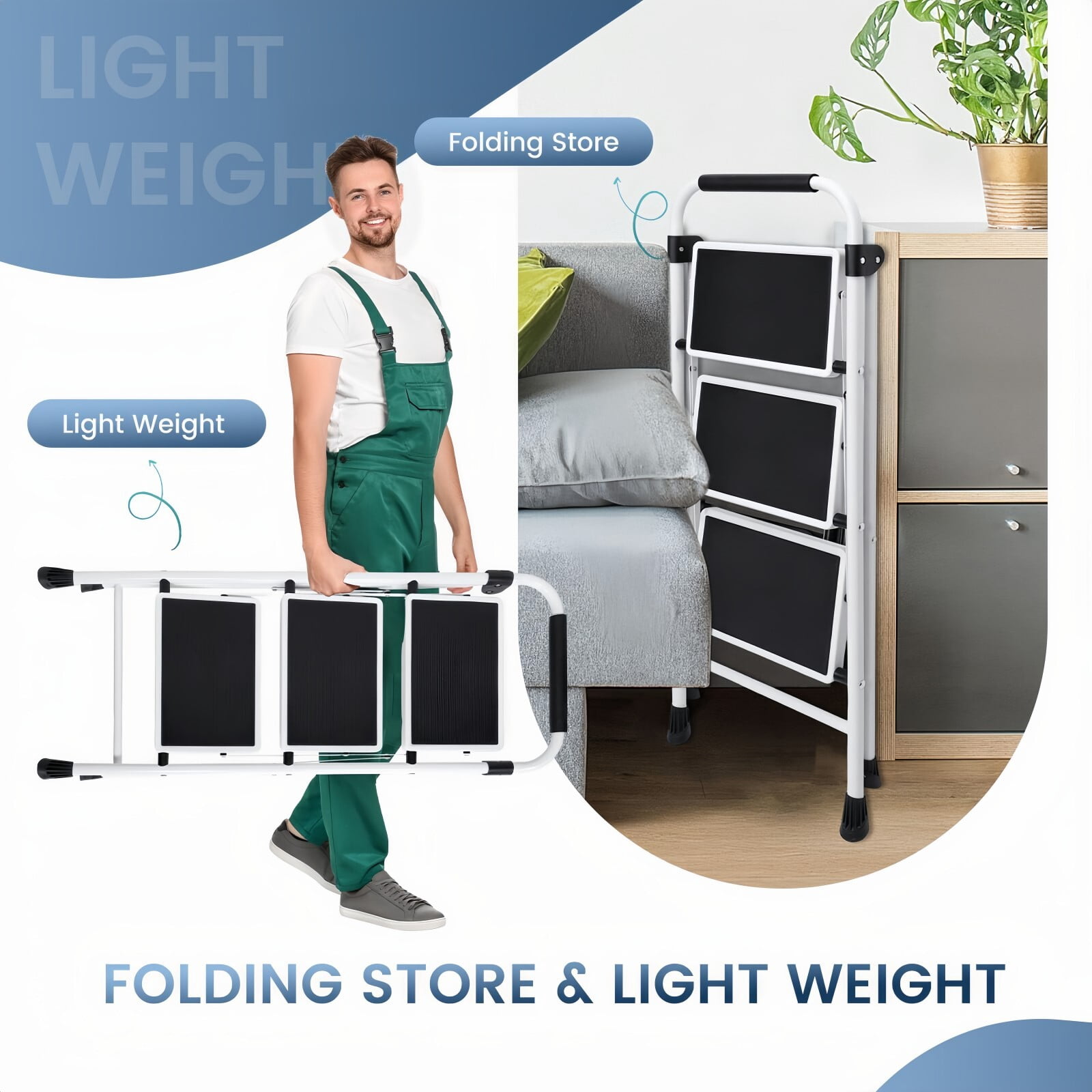 Kelno 3 Step Folding Step Stool 330Lbs Heavy Duty Step Ladder with Anti Slip Pedals Safety Handrail, Black White