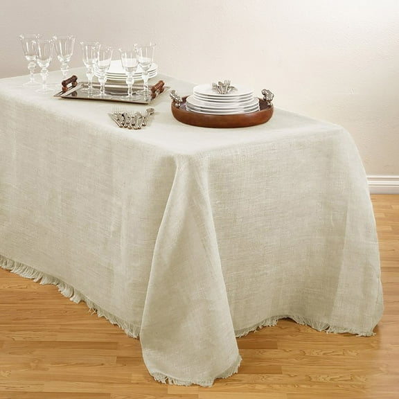 Saro Lifestyle Fringed Burlap Design Tablecloths. Ivory 90" x 156"