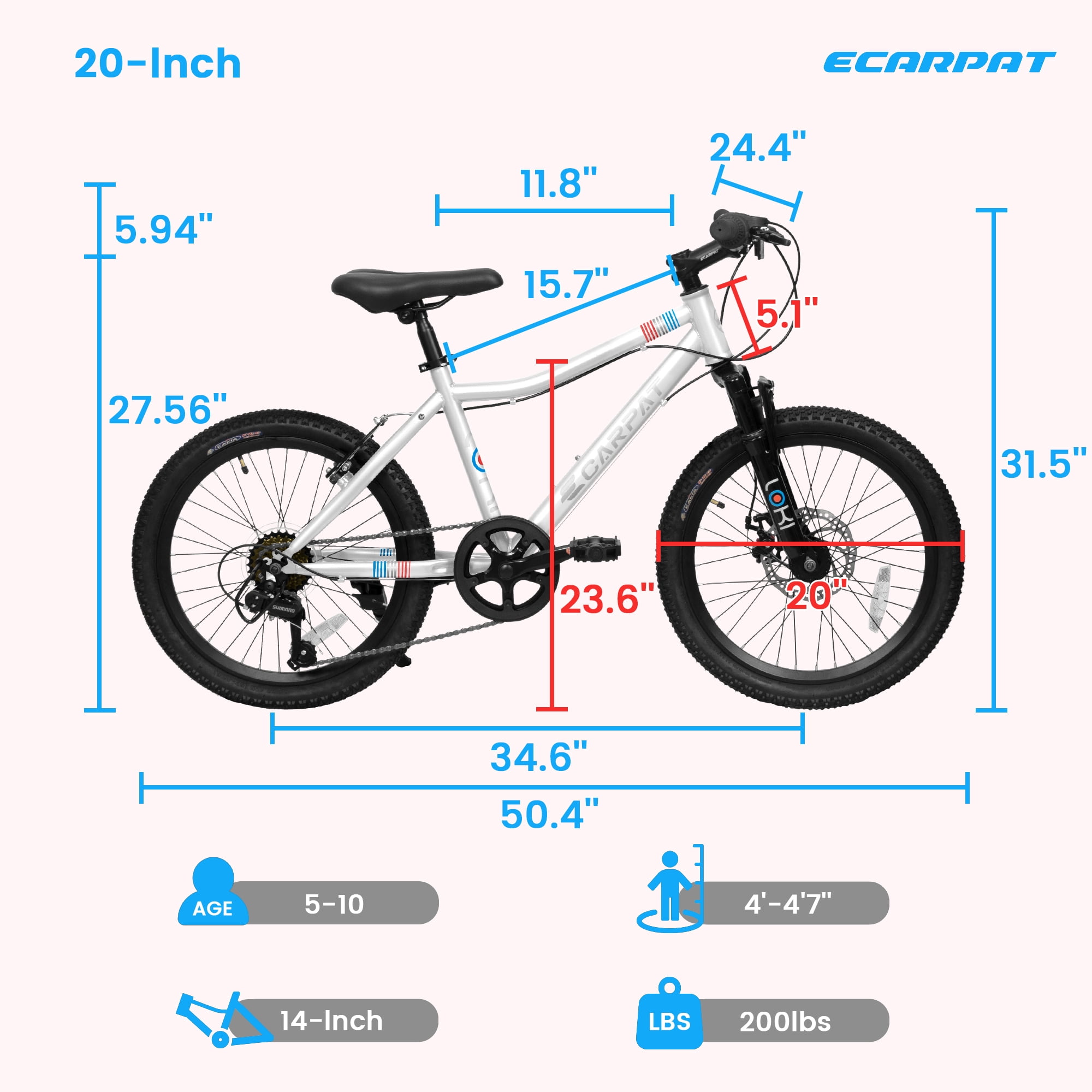 Ecarpat Boys Kids' 20" Steel Mountain Bike, White/Black
