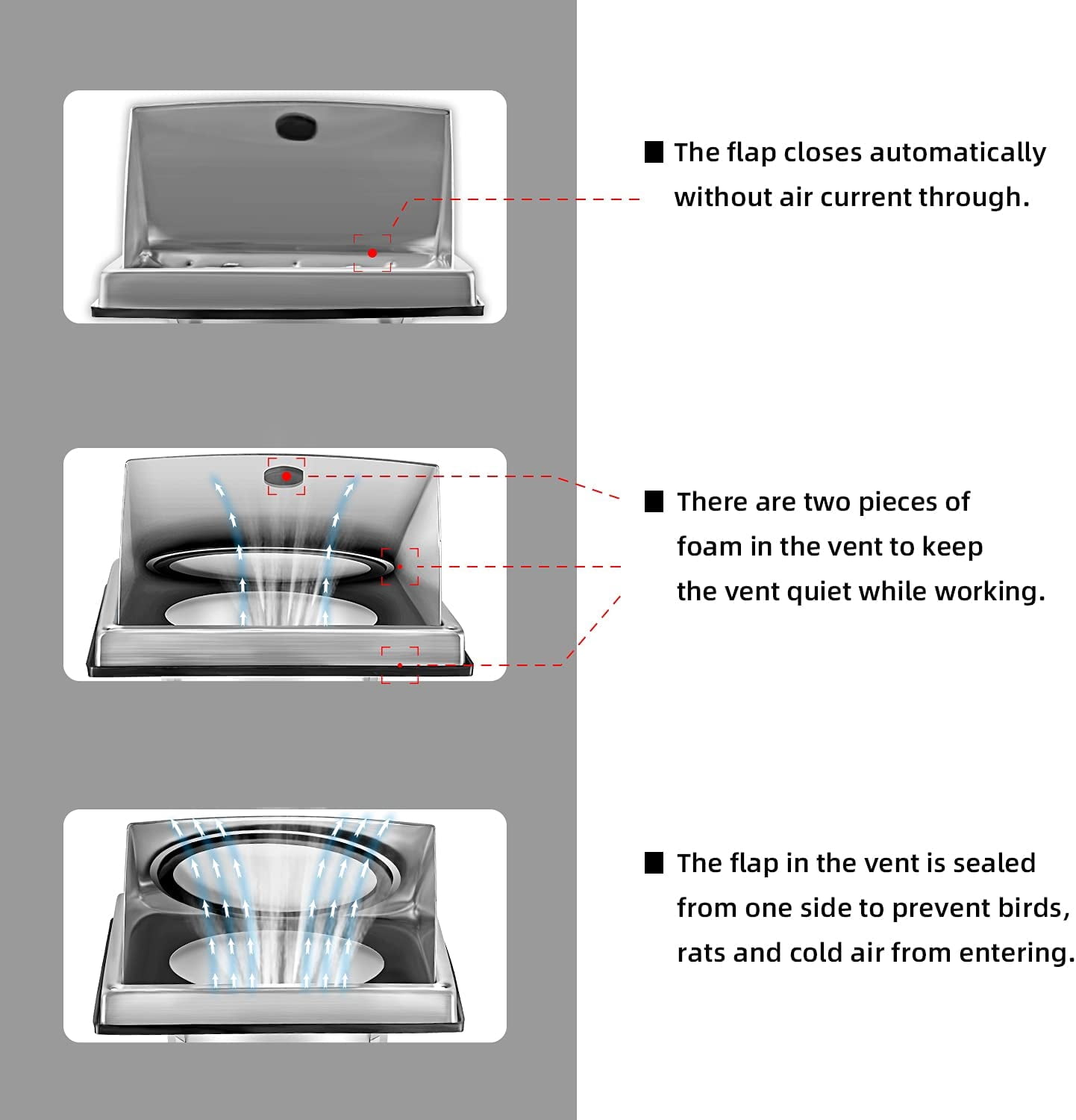 6-inch external extractor wall vent with cushioned non-return flap, stainless steel outside