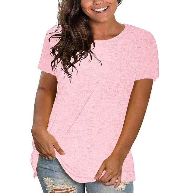 WTXUE T-Shirts à Manches Courtes, Chandails à Col Rond pour Femmes en Coton, Chandails Amples, T-Shirts Amples, Hauts Unis / Décontractés pour Femmes Pink XS