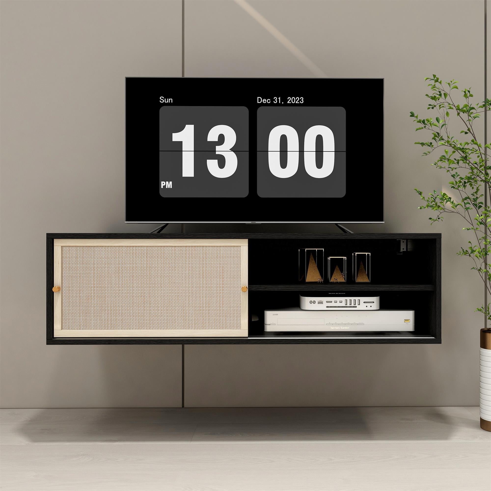 Space Wall Decorative Cabinet, Rattan TV Stand, Hanging Cabinet for Living Room, Study, Bedroom, Black Space Wall Decorative Cabinet, Rattan TV Stand, Hanging Cabinet for Living Room, Study, Bedroom, Black