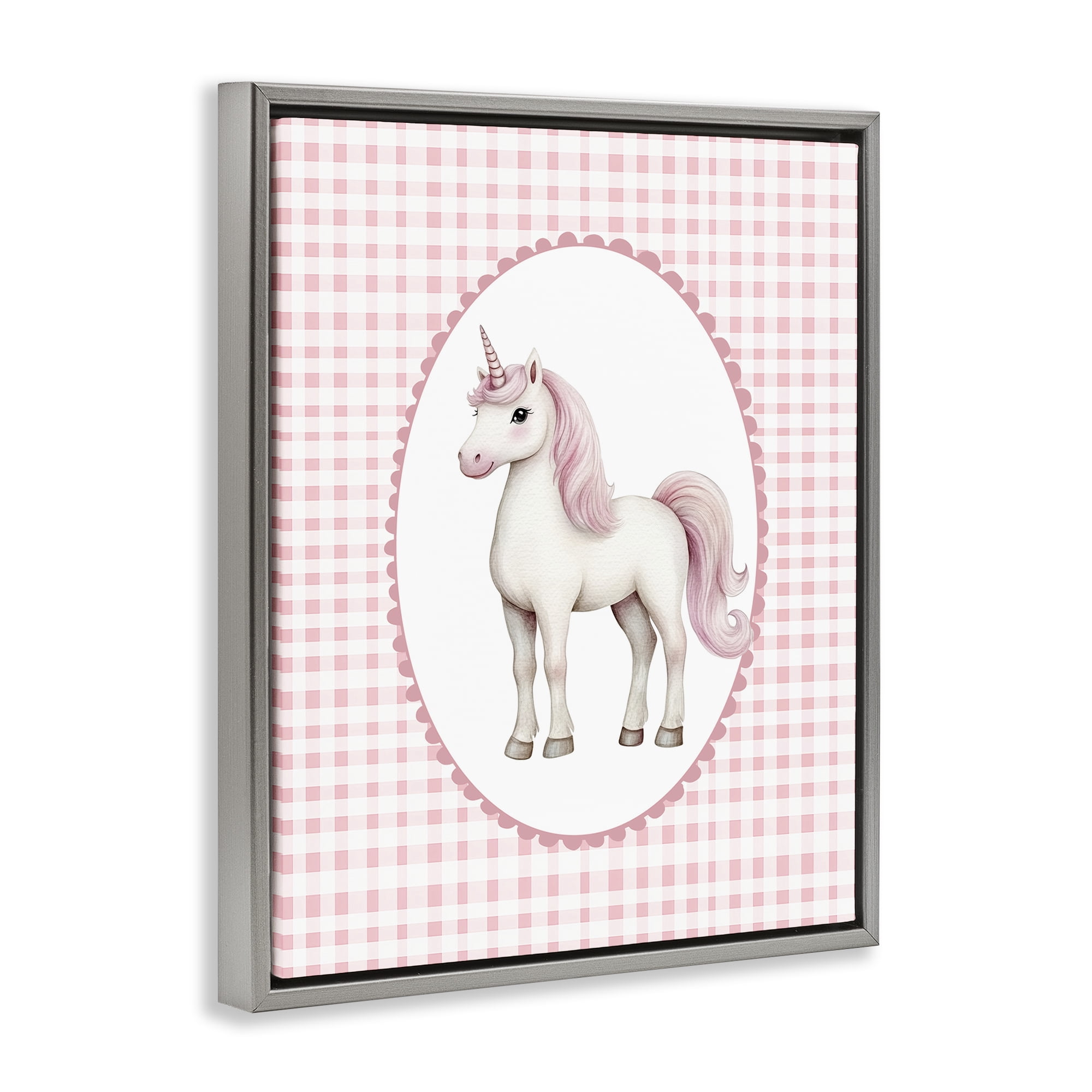Stupell Industries Pink Gingham Unicorn Gray Framed Floater Canvas Wall Art, design by Christine Simpson Art