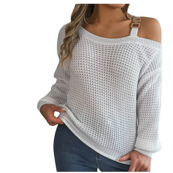 One Shoulder Hollow Out Knitted Sweaters for Women Long Sleeve Solid Casual Fall Pullover Trendy Tops White,S