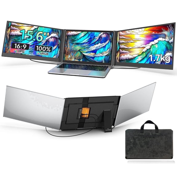Laptop Screen Extender, 15.6” Ultra-Slim Triple Portable Monitor, 1080P FHD IPS Display, USB-C/USB-A Connection, Travel Monitor for 12–17" Laptops, Windows/Mac/Android