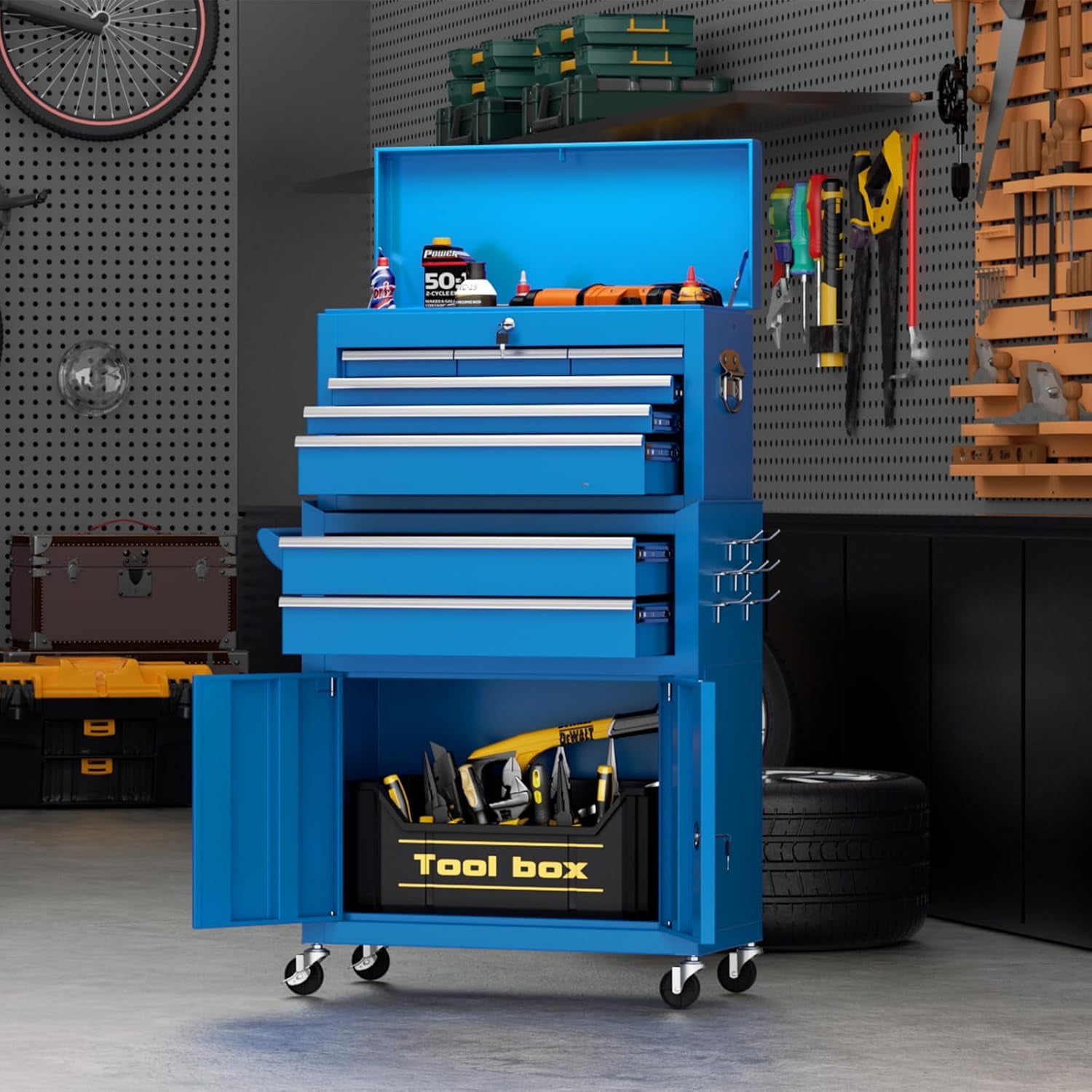 SOLAURA 8-Drawer Rolling Tool Chest with Detachable Top Box, Metal Tool Box with Wheels, Lockable Storage Cabinet for Warehouse, Garage, Workshop, Barbershop, Blue