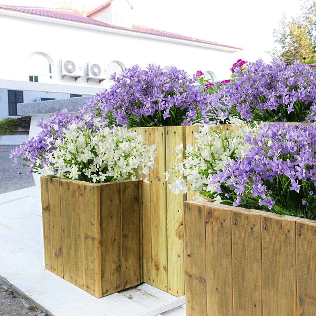 Morttic 8 Bundles Artificial Daffodils Flowers, Fake Artificial Greenery UV Resistant No Fade Faux Plastic Plants for Wedding Bridle Bouquet Outdoor Home Garden Office Table Vase Decor (Purple)