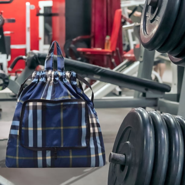 Mochila de viaje de nailon plegable con cordón para baloncesto y yoga para mujer (cuadros azules)