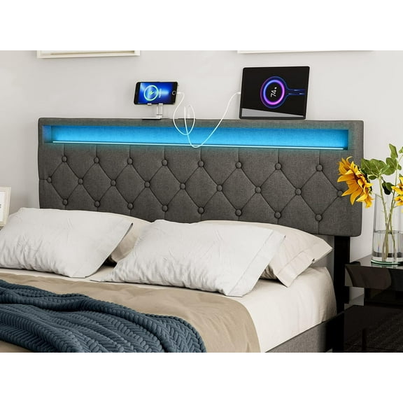 IKIFLY Upholstered Queen Size Headboard with LED Lights & 2 USB Ports - Adjustable Height - Button Tufted Linen Fabric Padded Headboard, Easy Assembly, Queen Headboard Only for Bedroom - Dark Grey
