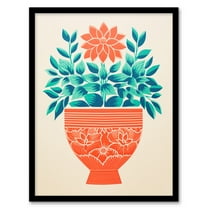 Ornate Coral Flower Pot Flowers Simple Bold Artwork Screen Print Vintage Art Print Framed Poster Wall Decor 12x16 inch