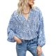 thumbnail image 1 of Camiseta de manga larga para mujer, jersey con cuello en V, manga acampanada, Top estampado para mujer, Tops sueltos informales con estampado azul S, 1 of 6