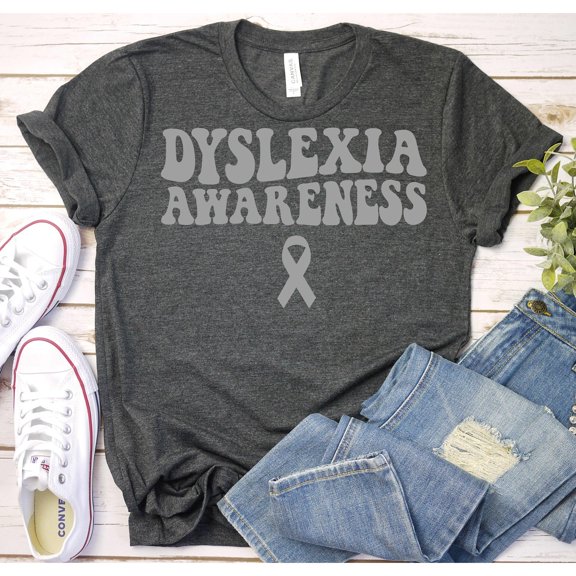 Dyslexia Awareness Gray Ribbon Graphic T-Shirt, Unisex Classic Fit, Cotton or Cotton-Poly by Color, 180 GSM