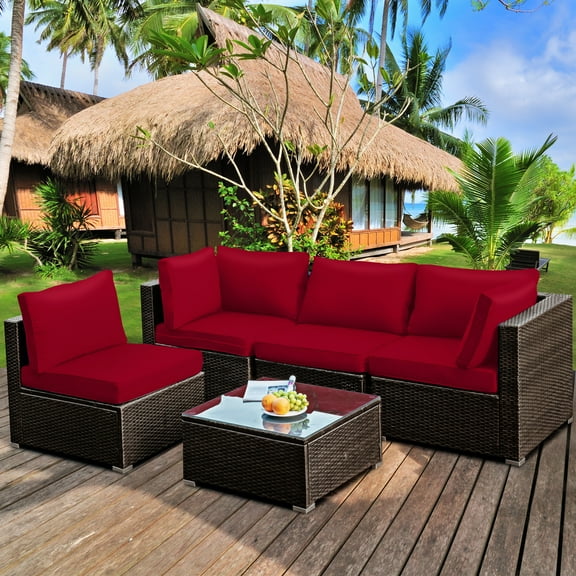 Gymax 5PCS Rattan Patio Conversation Set Sofa Furniture Set w/ Red Cushions