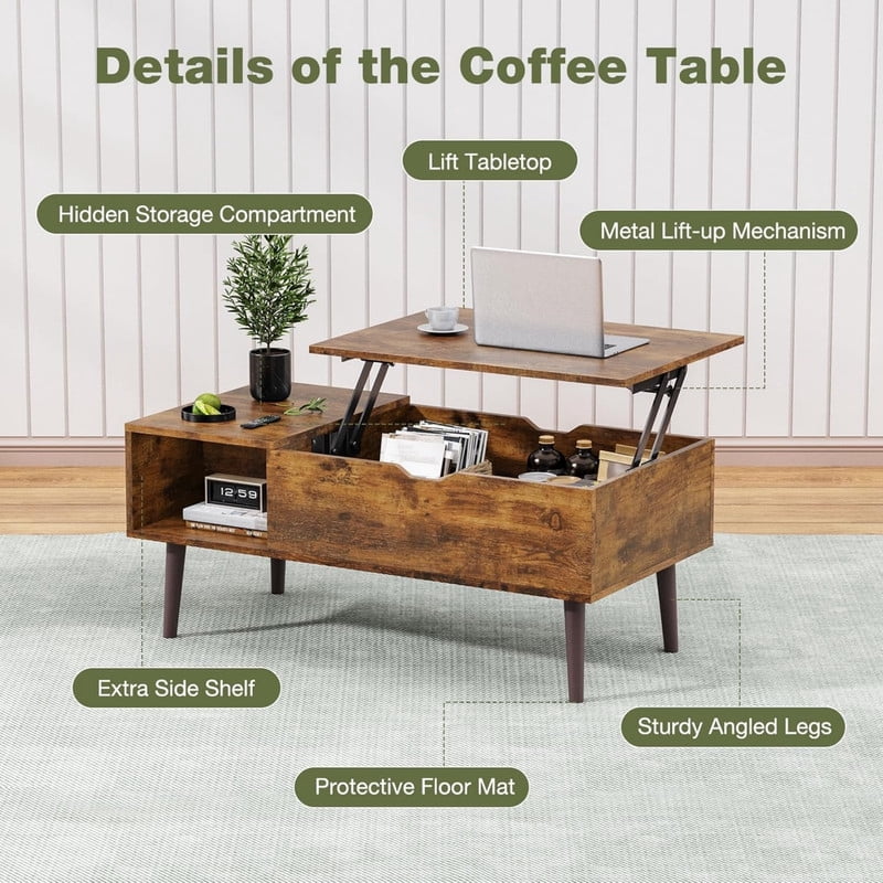Kelno Lift Top Coffee Table with Hidden Storage Adjustable Height Wood Center Table with Shelf,Rustic Brown