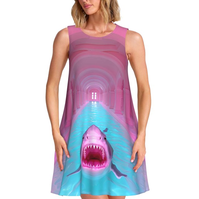 Fotbe Pink Shark Pool Fantasy Vestido de Verano sin Mangas para Mujer – Vestido Midi Línea A, Estilo Camiseta Floral, Vestido Playero Casual y Fluido