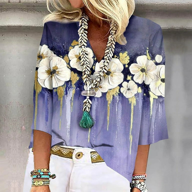 Qwertyu Women s Plus Size Summer Tops Clearance V Neck Floral