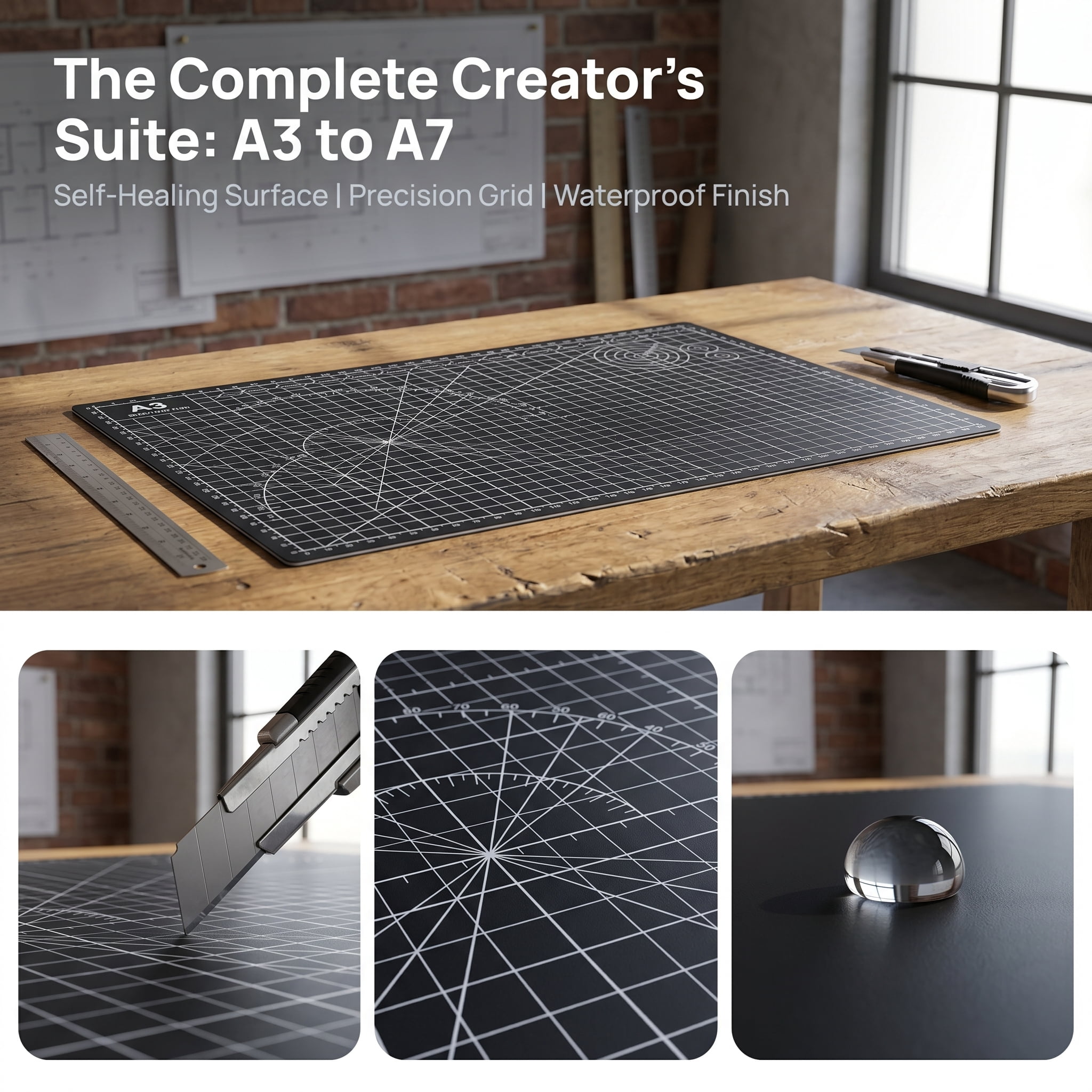 5 Sizes Black Cutting Mats, Self-Healing Cutting Board with Ruler & Angle Guide, Precision Craft Mat for Fabric Cutting, Art Projects, School & Hobby Work
