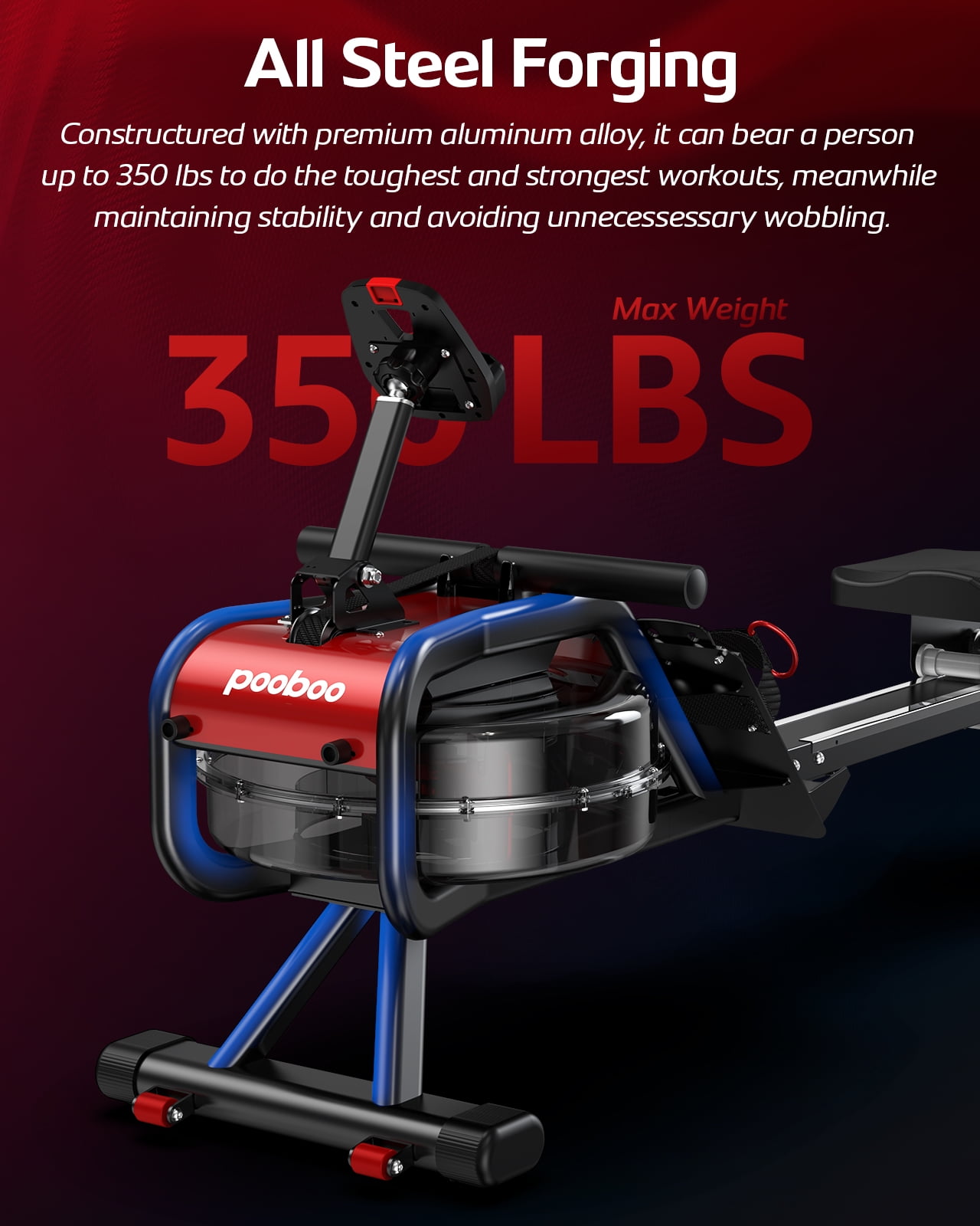 Pooboo Compact Magnetic Water Rowing Machine, Bluetooth