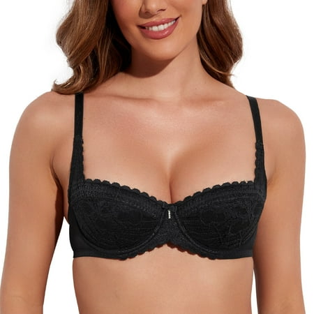 

Deyllo Lace Underwire Balconette Bra 1/2 Cup Sheer Unlined Demi Non Padded Bra See Through Black 32DDD