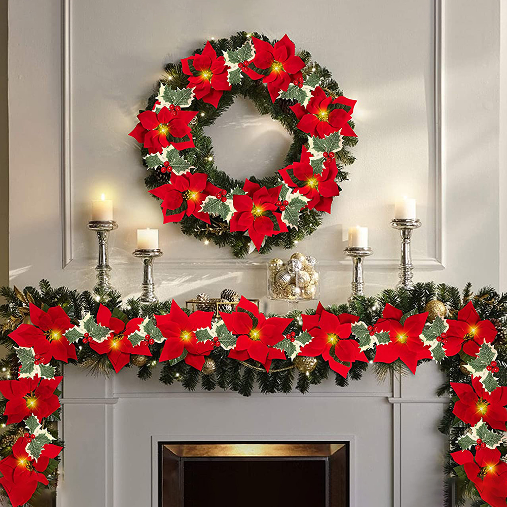 Poinsettia Christmas Flowers Decorations Garland String Lights