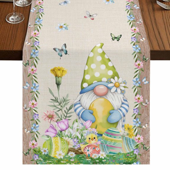 Table Runners 108 Inches Long Dress Scarves, Easter Farmhouse Coffee/Dining/Kitchen Table Runner for Living Room, Rustic Gnomes Duck Floral Colorful Eggs Wooden Grain 13x108 Inch