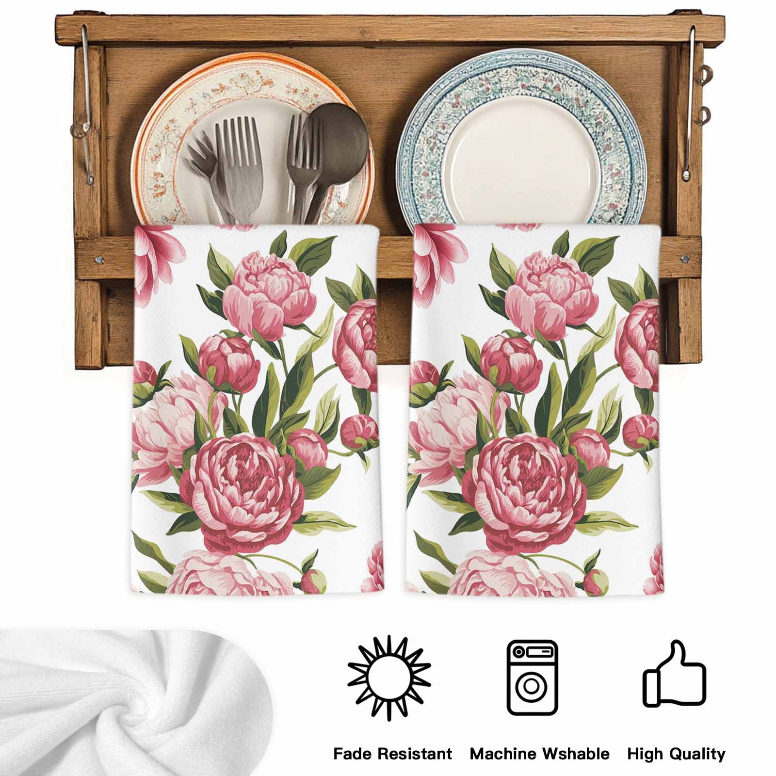 Dish Towels, Pink Rose Floral Absorbent Kitchen Towels 2 PCS, Leaves Flowers Microfiber Hand Towels Dish Cloths Tea Towels for Home&nbsp;Bathroom Cleaning Drying,18X28-Inch,
