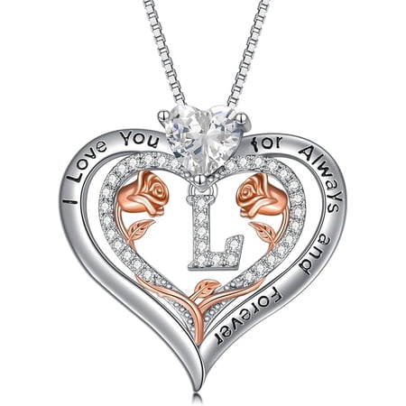 JKR Synthetic Zircon Rose Heart Letter S925 Sterling Silver Pendant Necklace Mother's Day Anniversary Gift Jewelry Necklace for Women