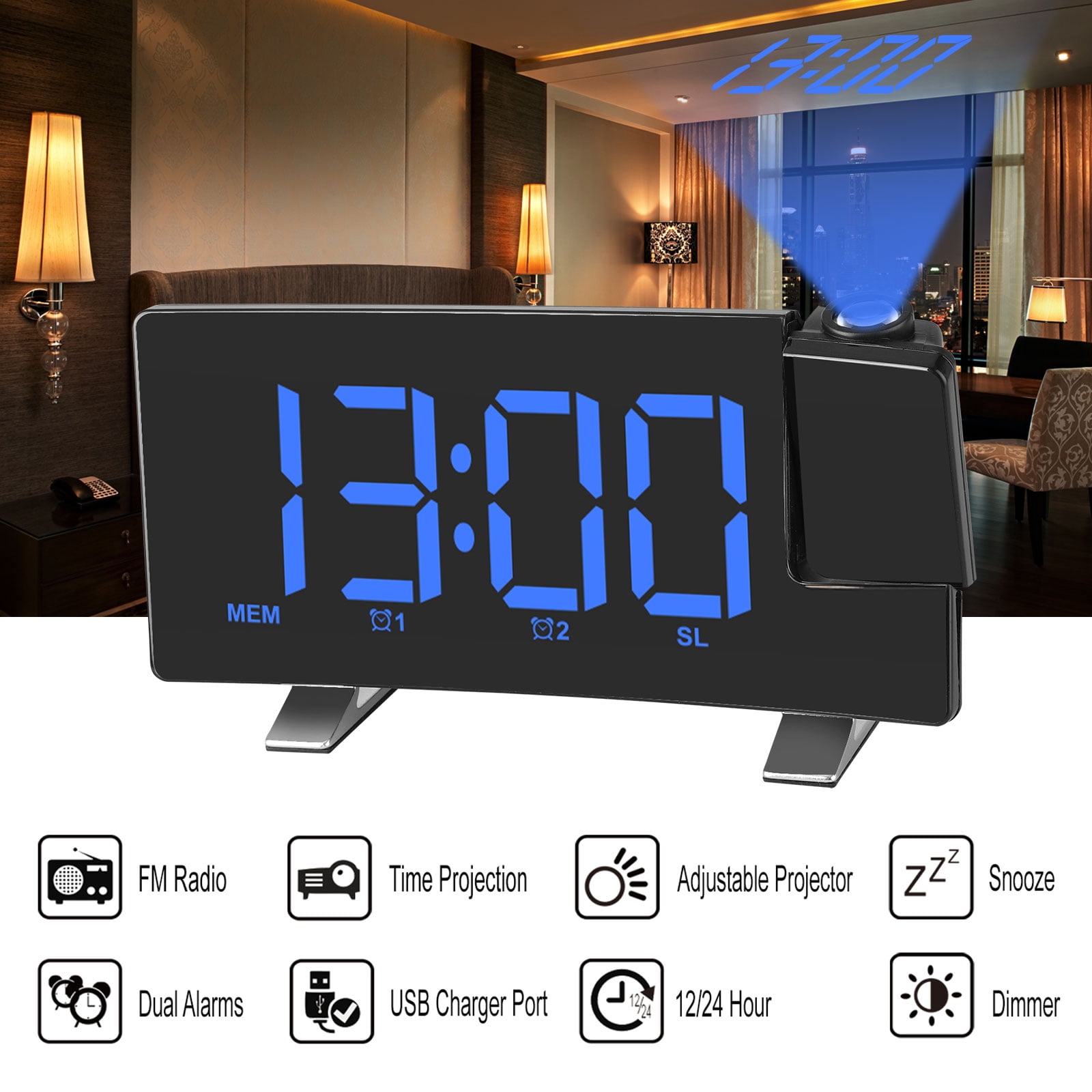 Projection Alarm Clock with FM Radio 180° Projector Dual Alarms Clock with Snooze 0-100% Dimmer 5 Alarm Sounds with Sleep Timer 12/24H Setting for Bedroom, A-White Light USB Charger Ports 