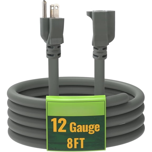 8 Ft Outdoor Extension Cord - 12/3 SJTW  Grey Extension  with 3 Prong Grounded Plug - Power Cord for Lawn, Garden, Appliances