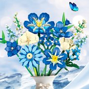 Blue Flower Bouquet Building Set , 766 PCS DIY Botanical Floral Kit with Adjustable Stems , Artificial Flower Decor Gift for Women, Home Office Vase Display