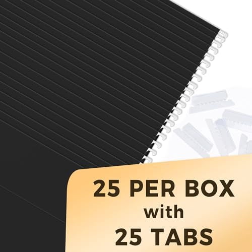 25 Pack Hanging File Folders, Black Folders, Hanging File Folders Letter Size with 1/5-cut Tabs, Stay Organized for Your Home and Office Bulk File and Documents