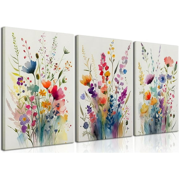 Framed Colorful Wildflower Canvas Wall Art Set Of 3 Flowers Pictures Prints Flowers Printing Floral Watercolors Flower wall Decor Living Room Girls Bedroom Bathroom 12"x16"x3