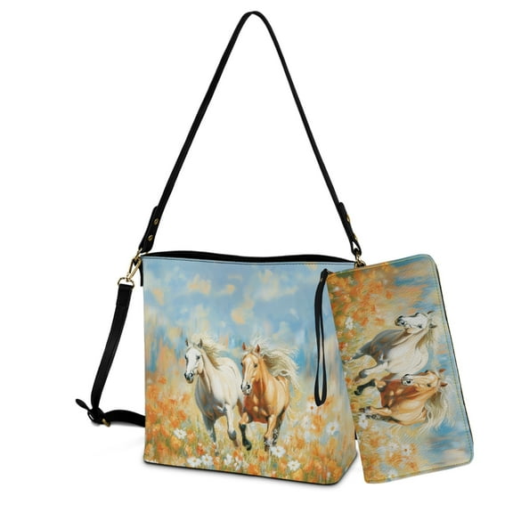 ZUXONGSY Horse Daisy Flower Print 2 Pcs Bucket Purse Set for Women Multipurpose Leather Crossbody Handbag with Wrist Wallet Trendy Bucket Bag Tote Purse Set for Dating