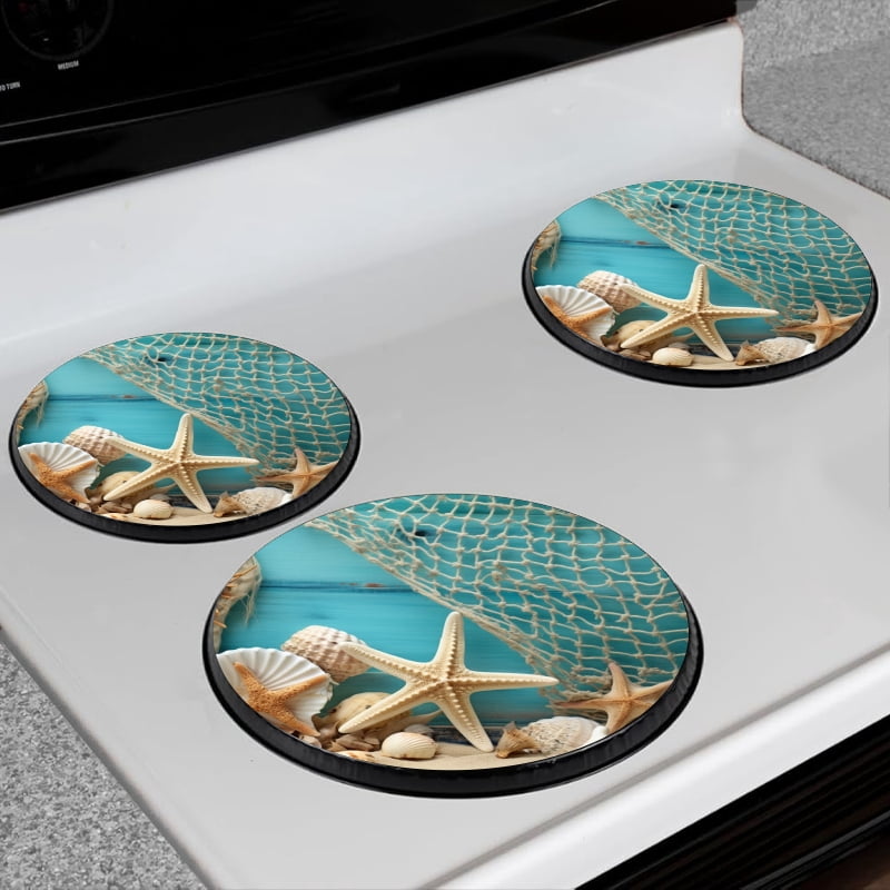 BaHomeck Electric Stove Burner Covers Set of 4,Round Metal Gas Stove Burner Covers 8 Inch and 10 Inch,Kitchen Decor,Seashells And Starfish Placed On The Sand