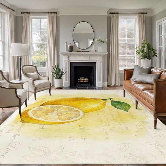 5'x7' Area Rugs for Living Room Bedroom, Lemon Washable Rug Carpet Runner Indoor Outdoor, Yellow Summer Botanical Watercolor Modern Art Non Slip Floor Mats Area Rug for Kitchen, Nursery