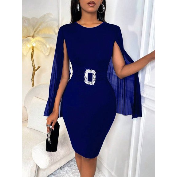 Navy Blue Bodycon Dress With Sheer Cape Sleeves And Rhinestone Belt