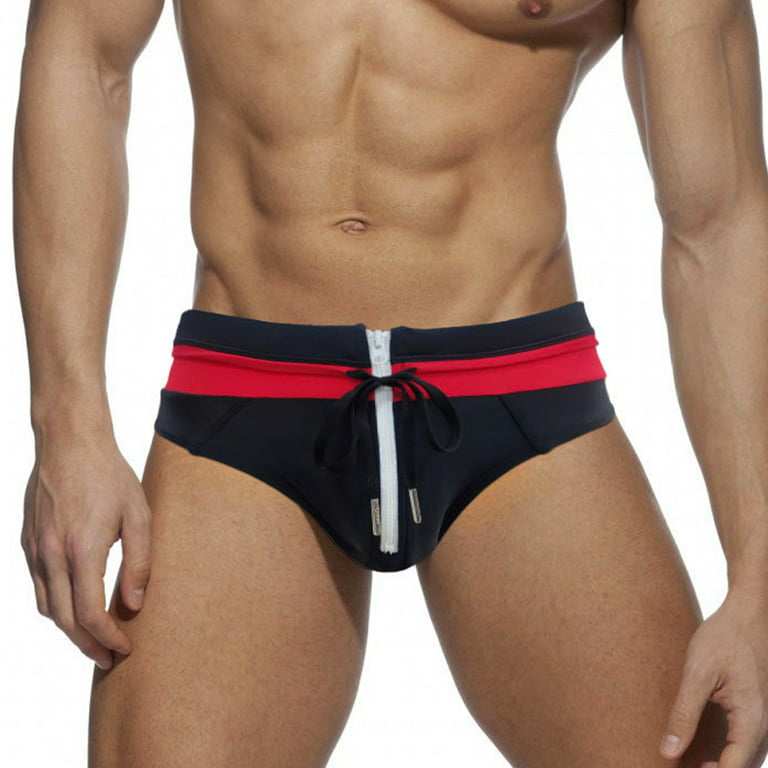 MIZOK Mens Swimming Trunks Front Crotch Zipper Sexy Swimwear Black & Red XL  