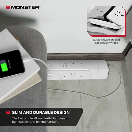 Monster - Power Center Vertex boasts  6 Outlet/2 USB-A port/20W USB-C 3000 Joules Surge Protector - White