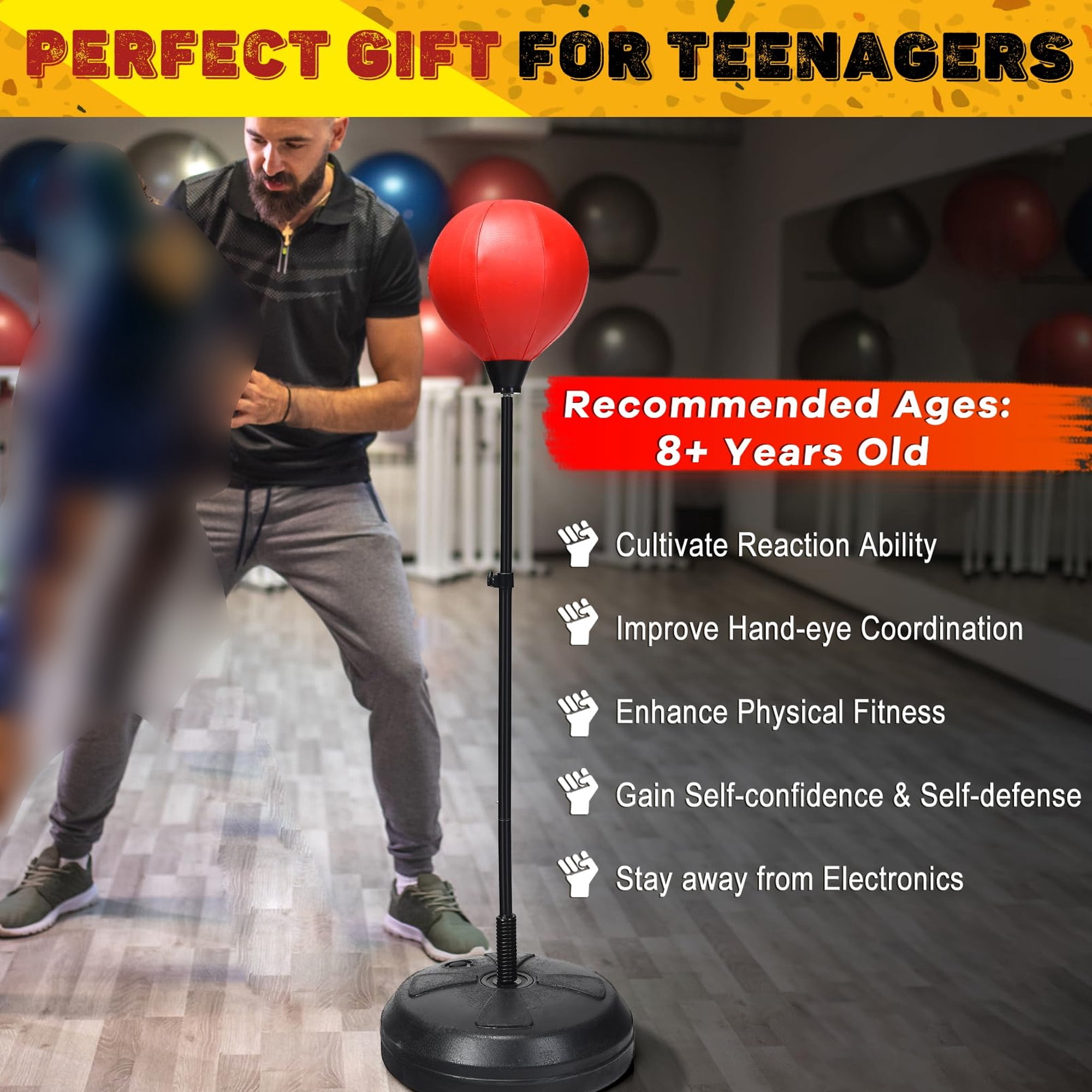 Adjustable height punching bag set for boxing training, freestanding heavy bag with stand gloves pump reflex ball, perfect for adults home gym workout, red