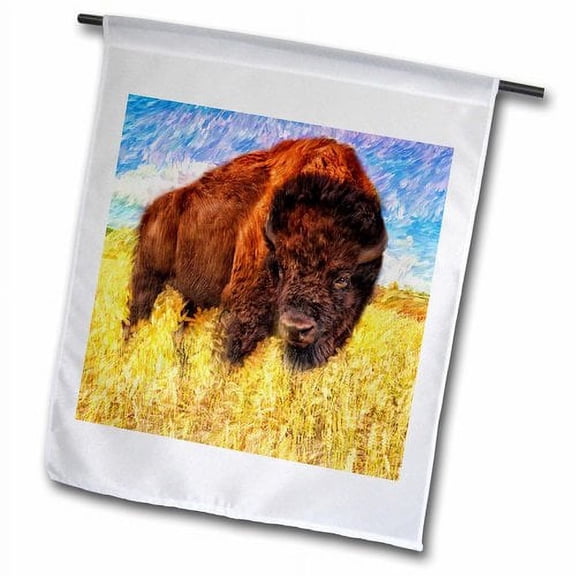 3dRose, Buffalo Painting in Rich Browns, Blue Sky and Golden Grasses, 12 x 18 inch Garden Flag